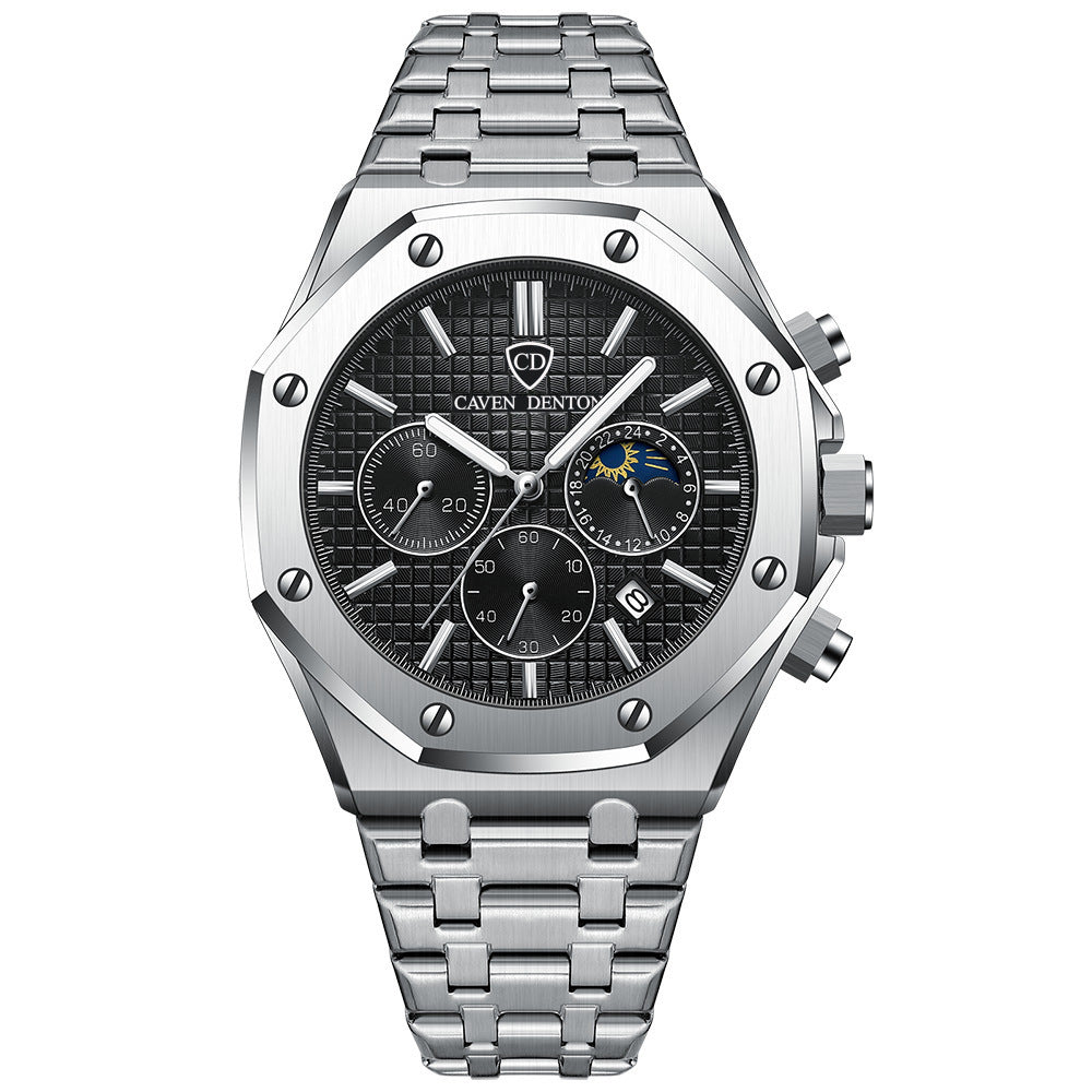 Waterproof High-grade Three Eyes And Six Needles Multi-functional Moon Phase Men's Stee