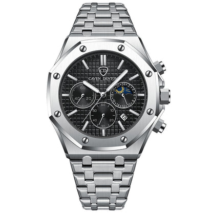 Waterproof High-grade Three Eyes And Six Needles Multi-functional Moon Phase Men's Stee