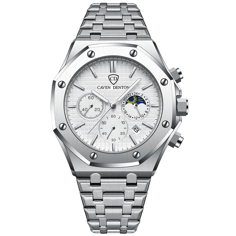 Waterproof High-grade Three Eyes And Six Needles Multi-functional Moon Phase Men's Stee