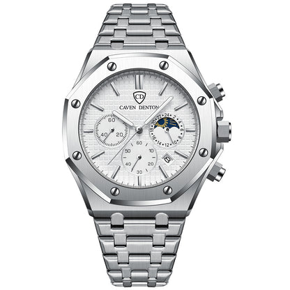 Waterproof High-grade Three Eyes And Six Needles Multi-functional Moon Phase Men's Stee