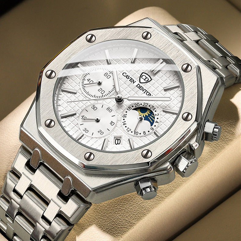 Waterproof High-grade Three Eyes And Six Needles Multi-functional Moon Phase Men's Stee