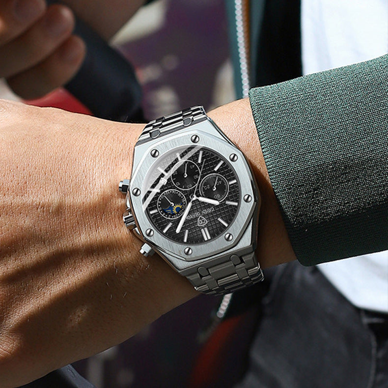 Waterproof High-grade Three Eyes And Six Needles Multi-functional Moon Phase Men's Stee