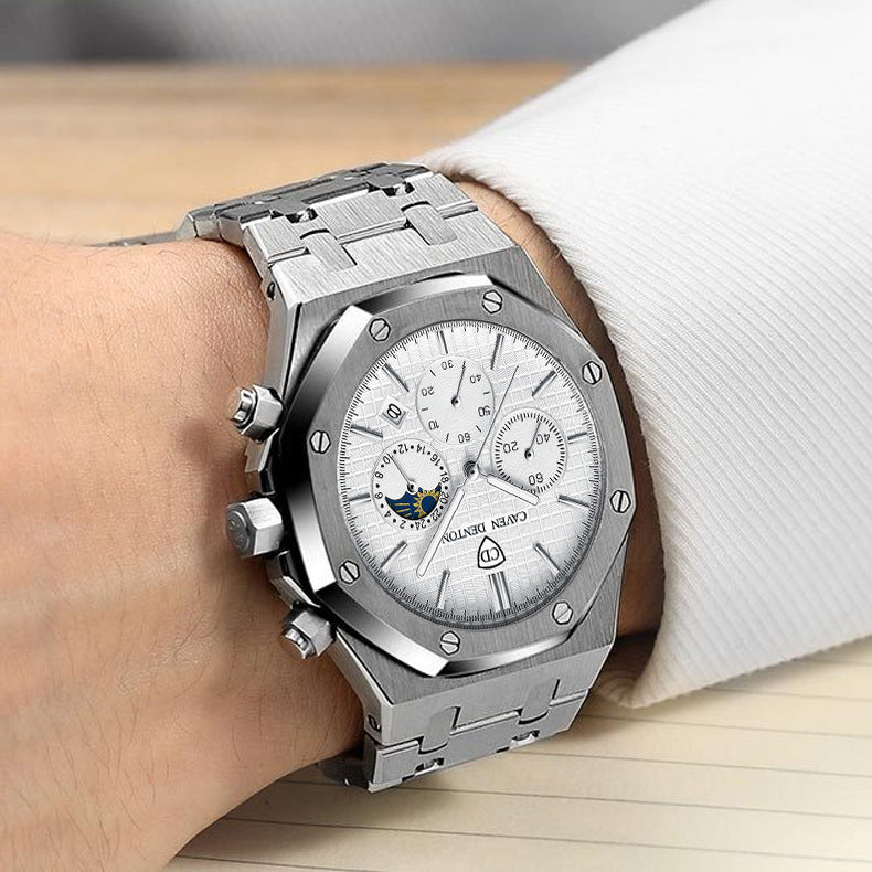 Waterproof High-grade Three Eyes And Six Needles Multi-functional Moon Phase Men's Stee
